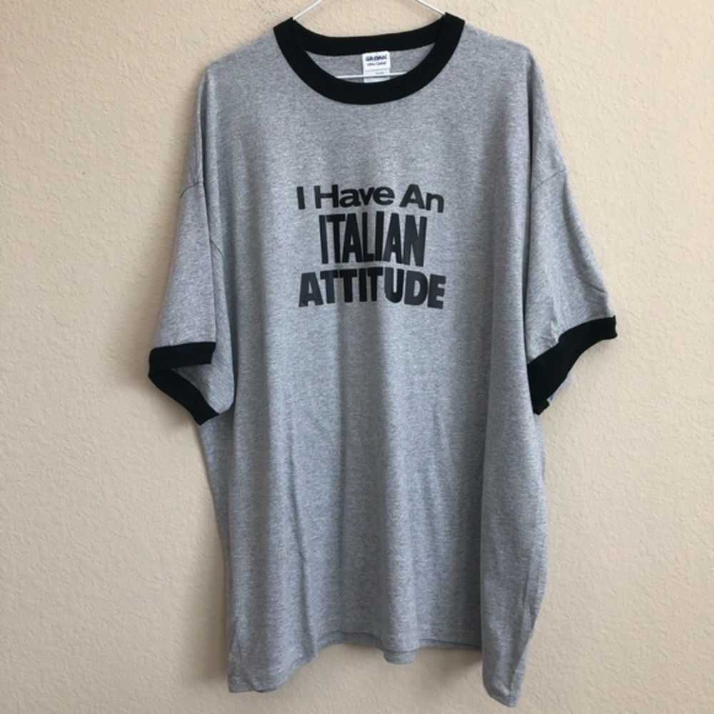 Vintage 1980s I Have An Italian Attitude Iron-On On New Gray Ringer T-Shirt